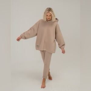 Two-piece Sweat-Suit SET Oversized Beige Pullover Hoodie & Joggers Sweatpants M